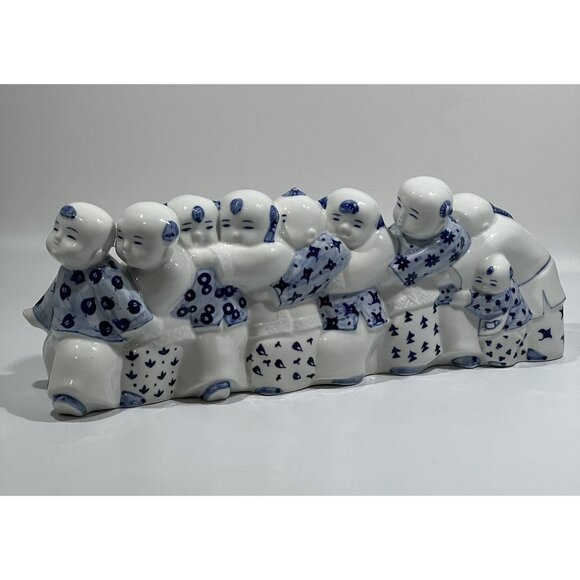 1998 Liu Qingyun Eagle and Chicks Game Blue and White China Sculpture - Picture 8 of 13